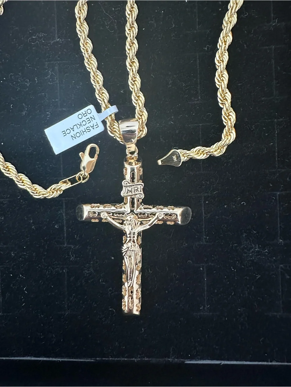 New Gold plated cross Jesus Crucifix Pendant charm with new Rope Chain